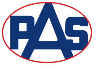 P-A-S logo. Blue letters inside red oval line.